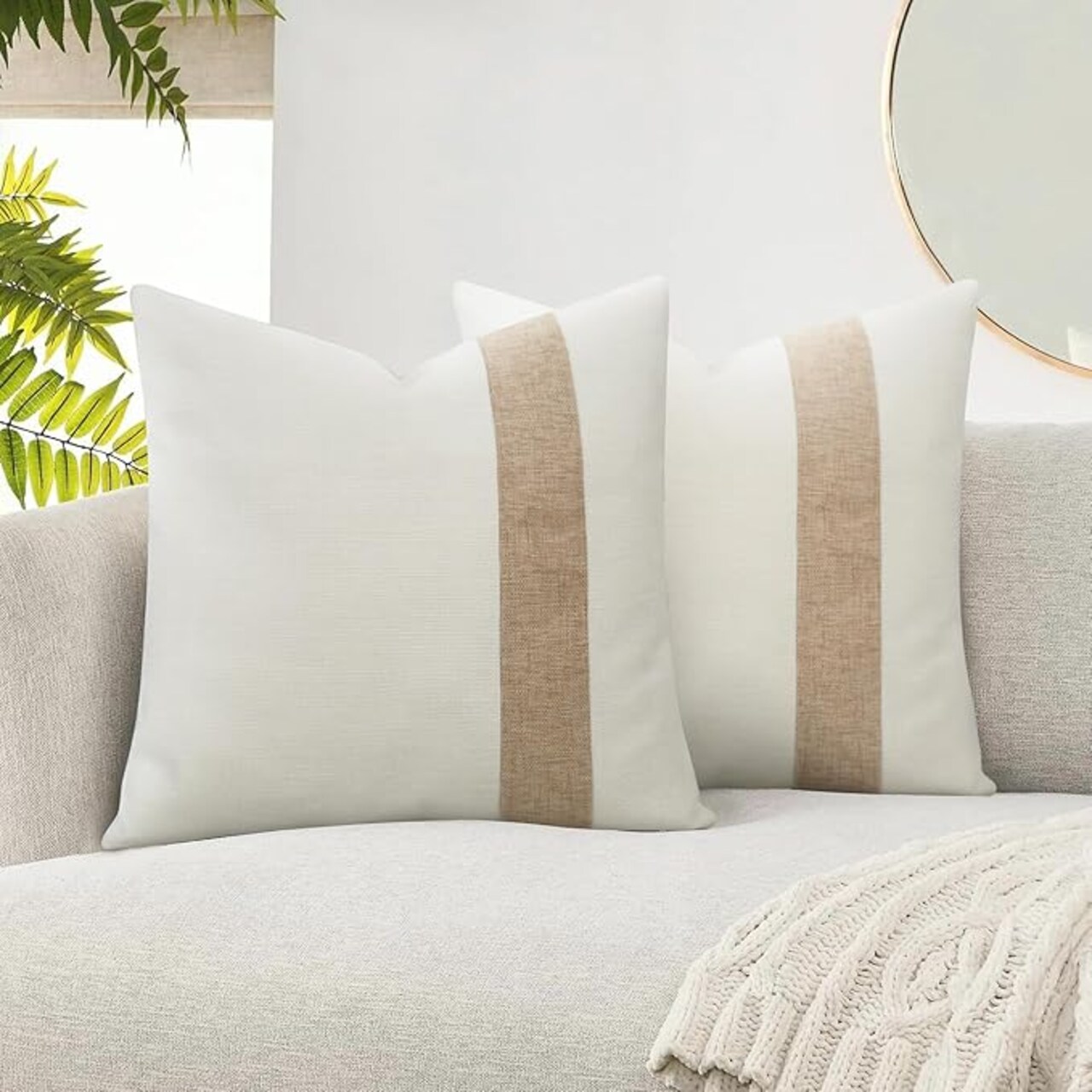 Farmhouse Decorative Throw Pillow Covers 18x18 Set of 2, Boho Modern Accent Square Pillow Covers Beige and Khaki Striped Patchwork Linen Cushion Cover for Couch Sofa Chair Bedroom Home